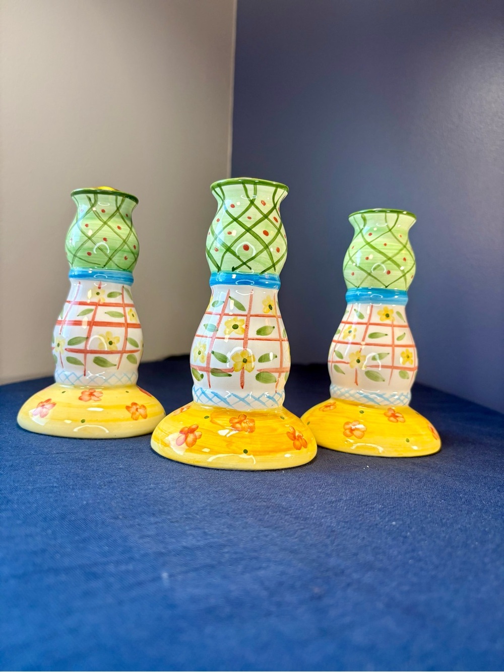 Hand-Painted Pastel Floral Ceramic Candle Holders - Set of 3